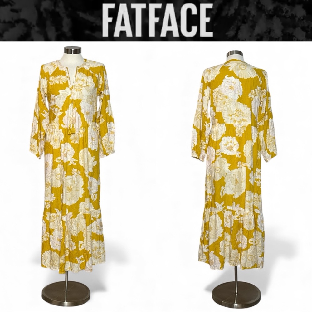 FATFACE MARISSA YELLOW FLORAL LONG SLEEVE SPLIT TASSEL TIE NECK MAXI DRESS *NWT*